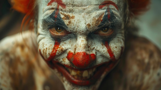 a scary looking clown with red eyes and a red nose