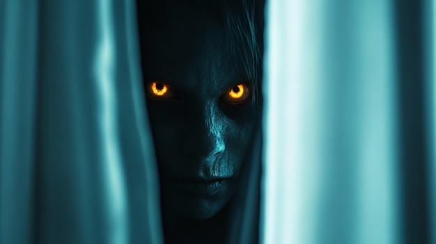 Photo a scary looking face with glowing eyes and a blue background