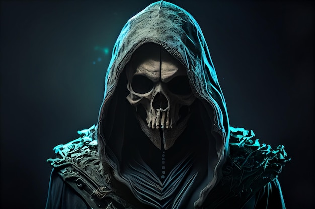 Scary man in death costume with skull on dark backgroundgenerative ai