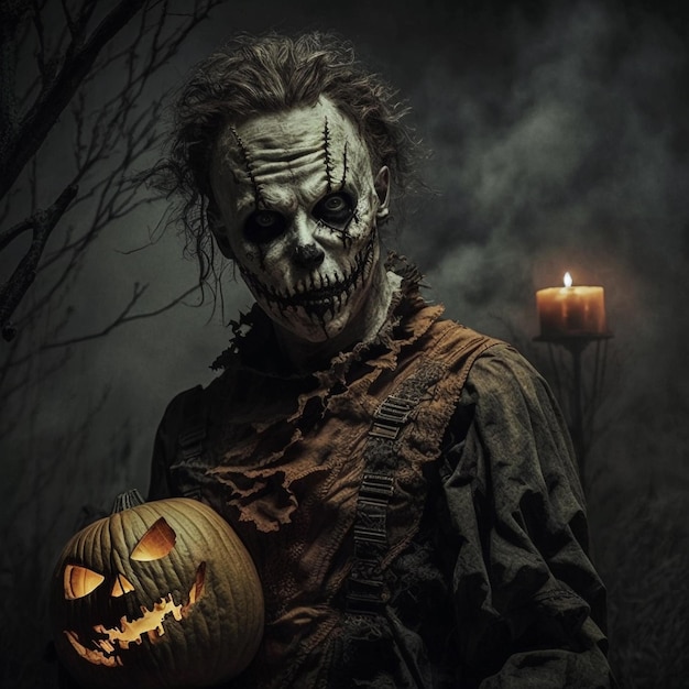 Scary man with pumpkin Halloween theme background