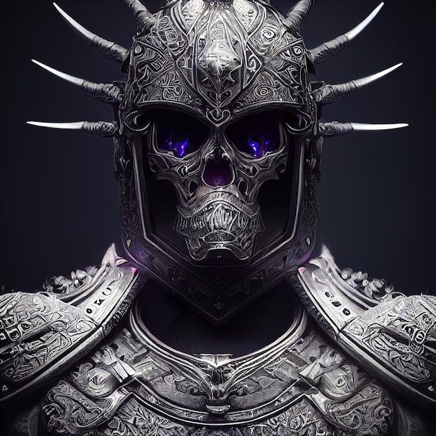 Scary medieval warrior man with skull helmet portrait 3d rendering