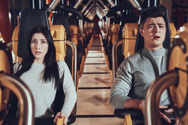 Scary moments of friends in luna park. Frightened expression