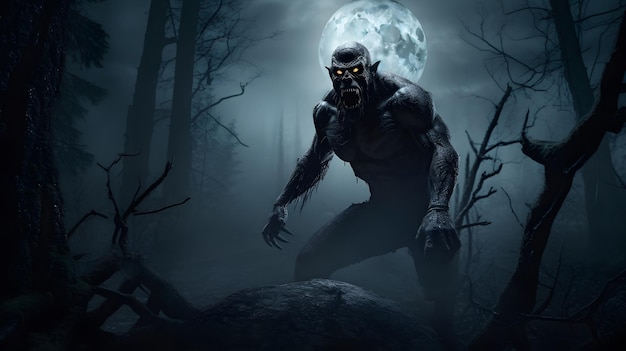 A scary monster in a dark forest with a full moon in the background.