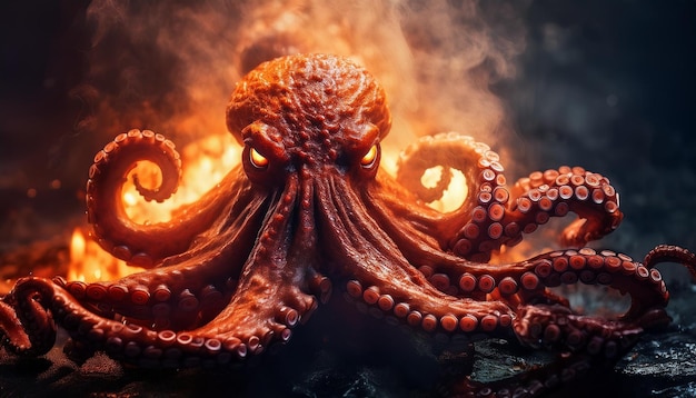 scary monster octopus with flaming eyes legendary kraken monster ai generated image