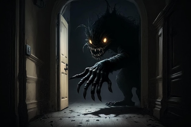 Scary monster in a room in house at night in nightmare Generative AI illustration