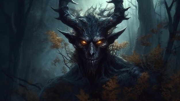 Scary monster with horns in the forest Halloween conceptgenerative ai