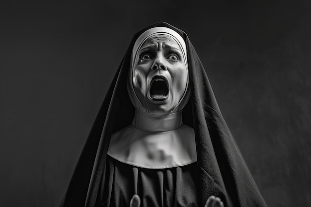 A scary nun with her mouth open and eyes wide screaming in fear scary horror background scary bla