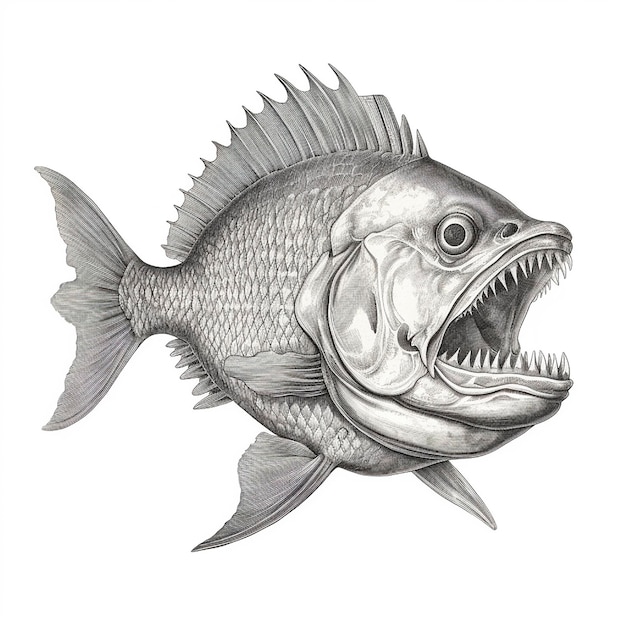 scary predatory piranha fish with big teeth isolated on white closeup dangerous animal engraving