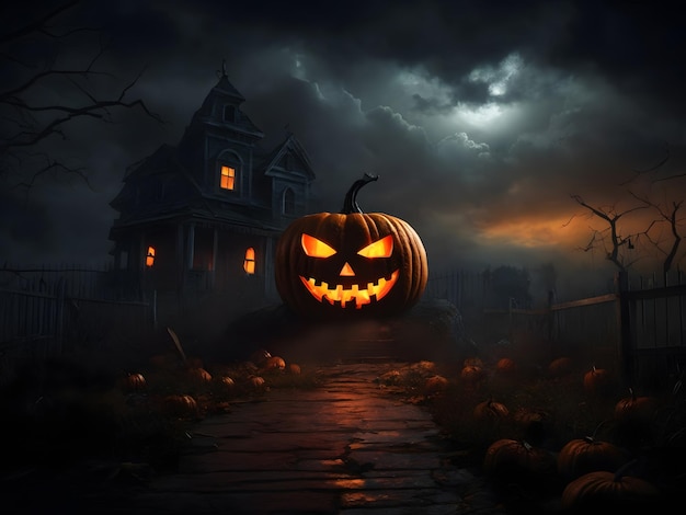 A scary pumpkin And Halloween night dark clouds loom overhead