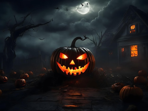 A scary pumpkin And Halloween night dark clouds loom overhead