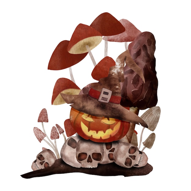 Scary pumpkin in a hat toadstools skulls Watercolor illustration for Halloween on a white isolated background