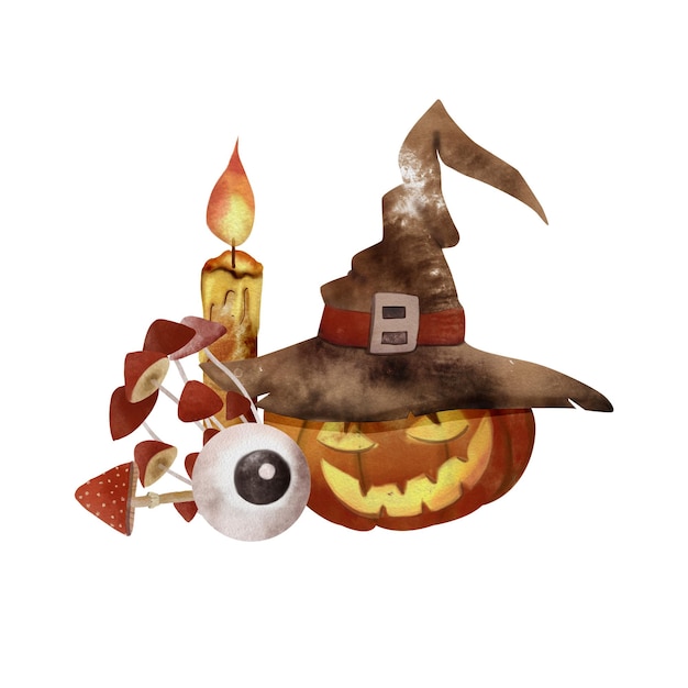 Scary pumpkin in a hat Watercolor illustration for Halloween on a white isolated background