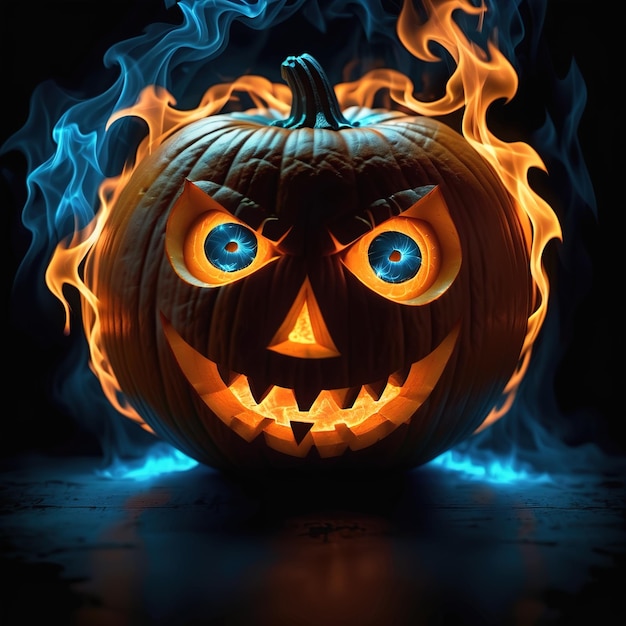 scary pumpkin head with glowing smoke in the dark backdround