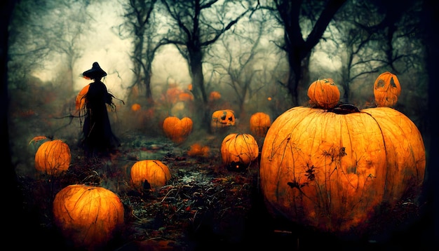 Scary pumpkin heads in dark halloween forest neural network generated image