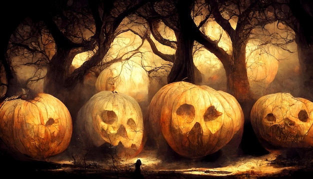 Scary pumpkin heads in dark halloween forest neural network generated image