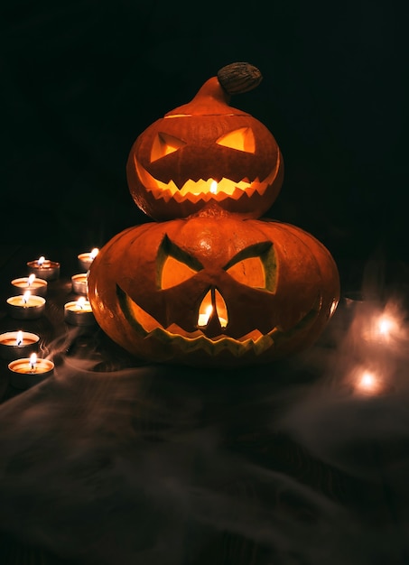 Scary pumpkin lanterns illuminated decoration for Halloween