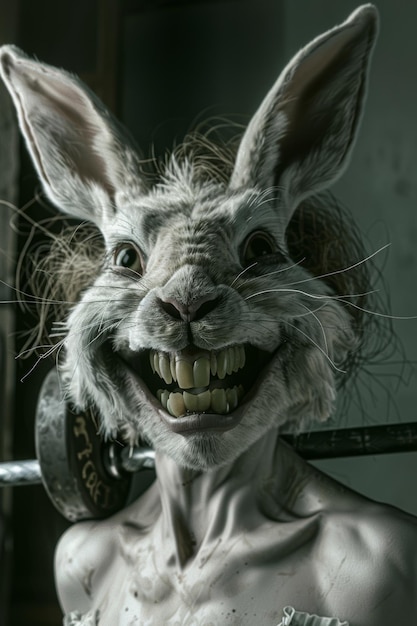 Photo a scary rabbit with a knife in his mouth and the words  rabbit  on the face