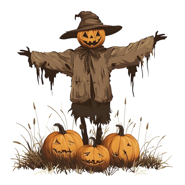 Photo scary scarecrow in a field full of pumpkins halloween concept isolated on white background flat