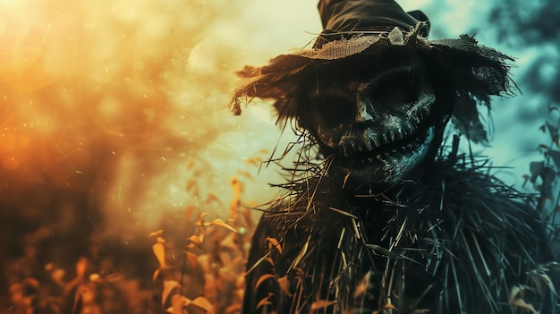 Scary scarecrow monster in corn field on Halloween night