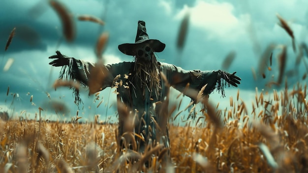 Scary scarecrow monster in corn field on Halloween night