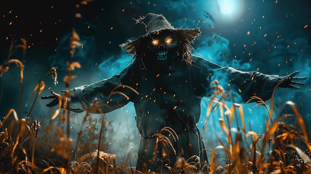 Scary scarecrow monster in corn field on Halloween night