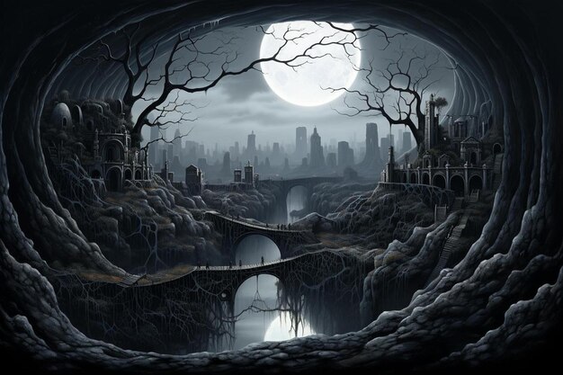 a scary scene with a bridge and a frozen lake in the background