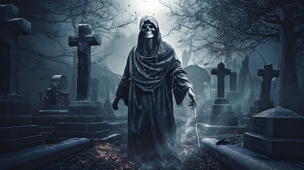 A scary scene with a grim reaper in a cemetery.