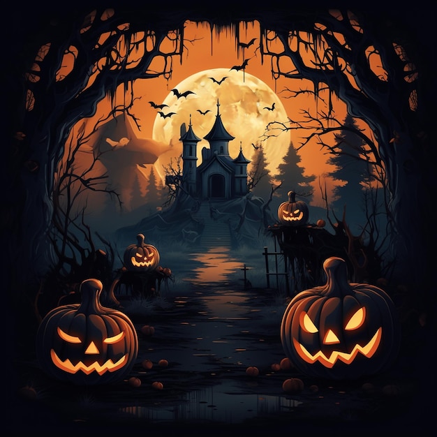 a scary scene with pumpkins and a castle in the background