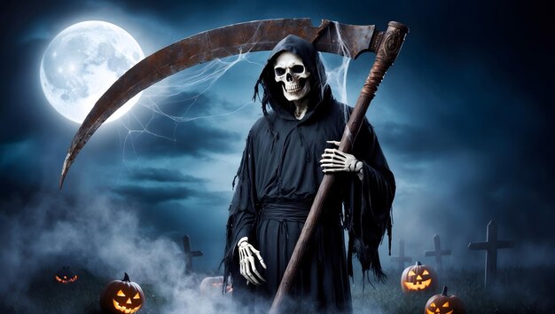 Photo a scary skeleton is standing in front of a full moon