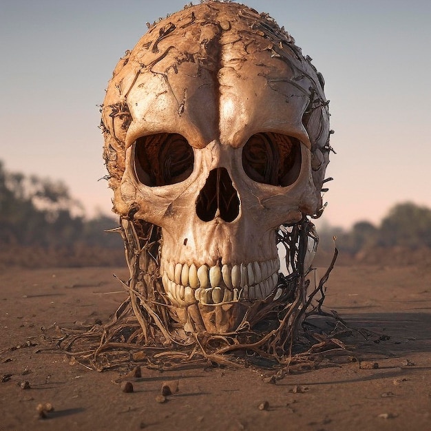 A scary skull sprouting from the ground with branches against the sky Halloween skull