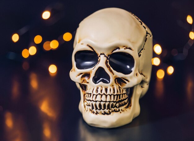 scary skull with lights in background