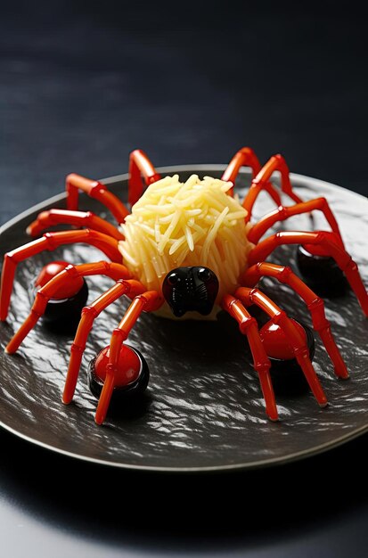 a scary spider on plate in the style of party kei