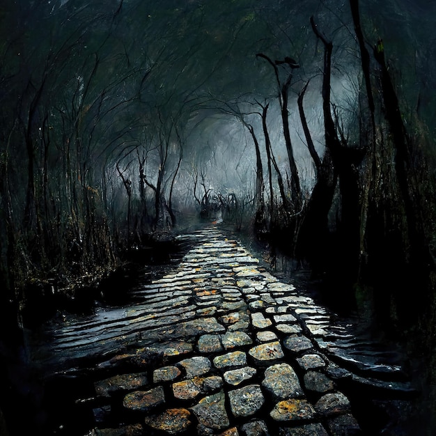 Scary street in the night covered with darkness a mystical creepy road 3d illustration