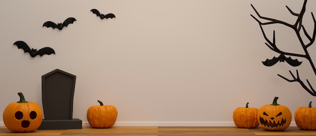 scary stuff with grave grinning pumpkins dried tree and bats decorated in the room 3d rendering