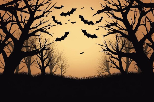 Photo scary trees with flying bats halloween