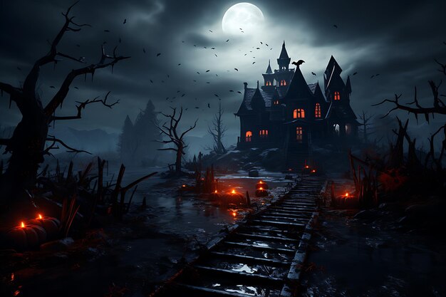 Photo scary vampire castle with moon and bats flying for halloween with a cemetery night