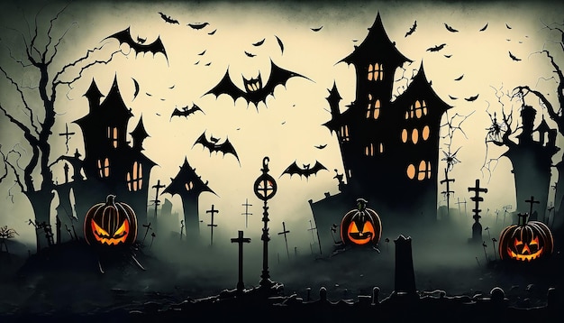 Scary Vector Halloween Landscape Haunted House Spooky Graveyard Flying Bats Bewitching Witch