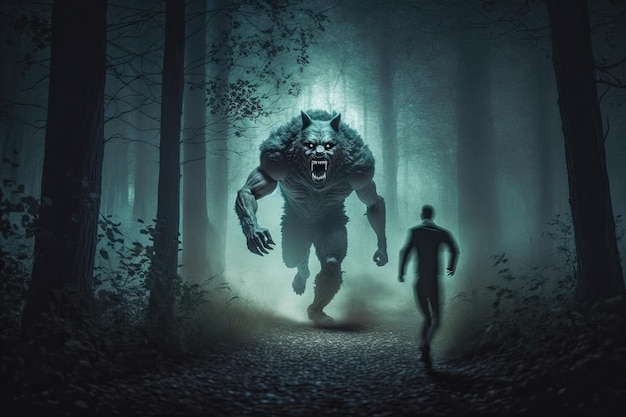 Scary werewolf chasing down terrified victim in dark forest