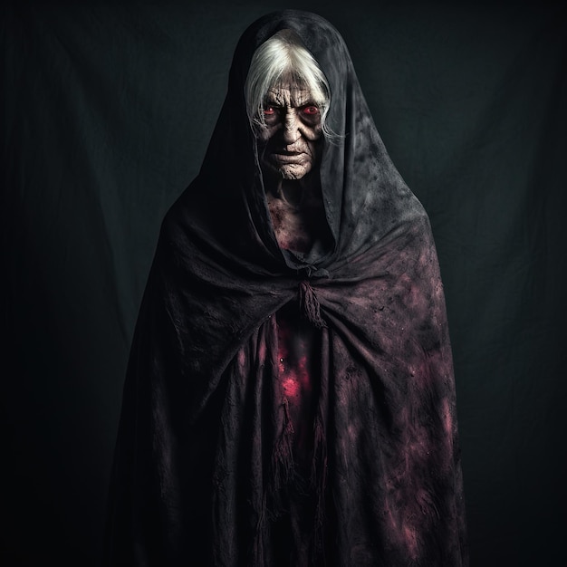 Scary woman in death costume holding burning torch on black background AI generative