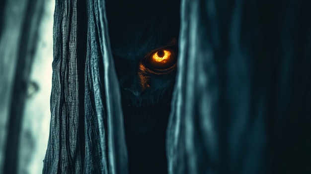 Photo a scary yellow eye behind a curtain with a dark background