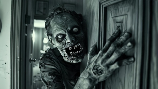 Photo scary zombie with wild eyes bursts into your door