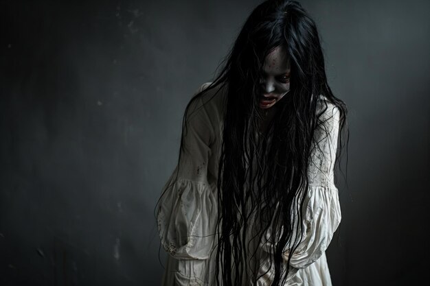 A scary zombie woman with long black hair wearing a white gown against a dark background the photo