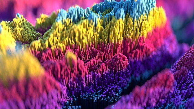 Scatter topographic landscape based on colorful cubes. Abstract background with depth of field in pink, blue, purple and yellow colors. 3d rendering illustration.