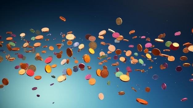 Photo scattered assorted coins floating against a gradient background