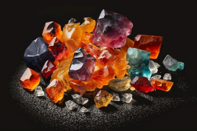 Scattered on black background orange red fluorite crystals