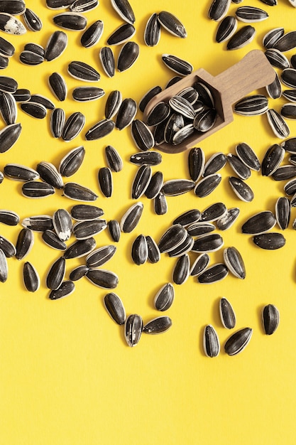 Scattered Black sunflower seeds and  small wooden scoop Harvest time agriculture farming. Organic healthy food.