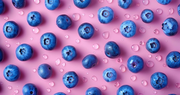 Scattered Blueberries with Water Droplets on Pastel Pink Background