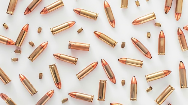 Photo scattered bullets on a white background concept of ammunition firearm safety military gear crime investigation