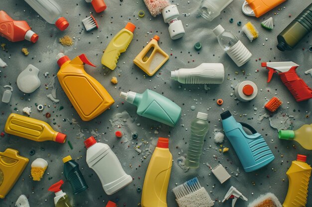 Photo scattered cleaning products on grey backdrop