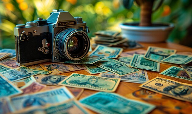 Photo scattered money photos on wooden surface